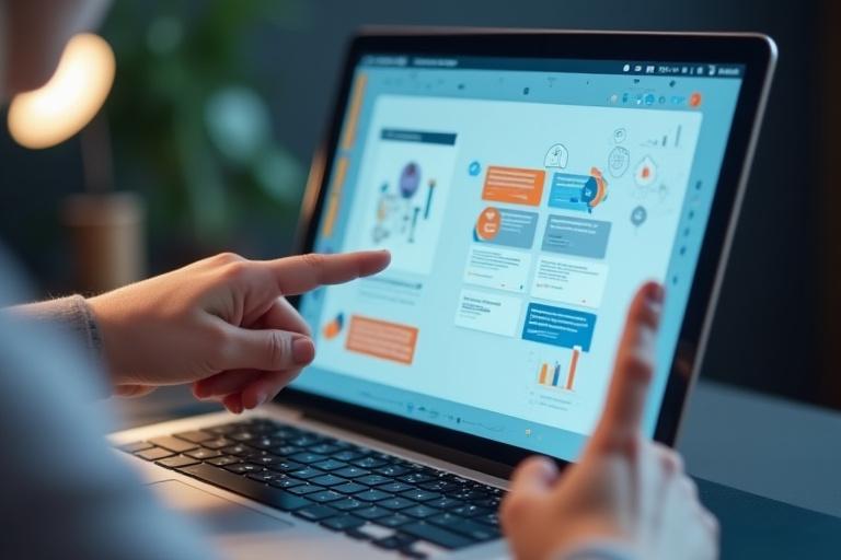 Due mani che indicano dettagli su un portfolio digitale su uno schermo di laptop, con annotazioni e feedback concettuali.